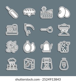 Set line Bag of flour, Measuring cup, Sifting, Agriculture wheat field, Scythe, Farm house, Scoop and with icon. Vector