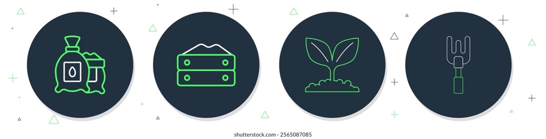 Set line Bag of flour, Plant, Pack full seeds plant and Garden rake icon. Vector