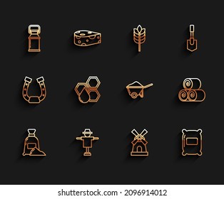 Set line Bag of flour, Scarecrow, Can container for milk, Windmill, Honeycomb, Roll hay and Wheelbarrow with dirt icon. Vector