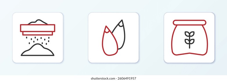 Set line Bag of flour, Sifting and Seed icon. Vector
