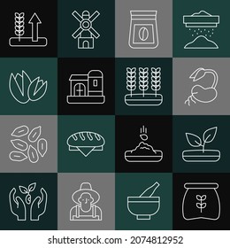 Set line Bag of flour, Sprout, coffee beans, Farm house, Pistachio nuts, Wheat and  icon. Vector