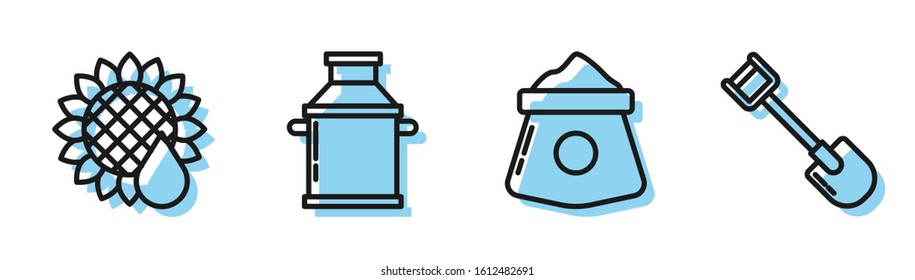 Set line Bag of flour, Sunflower, Can container for milk and Shovel icon. Vector