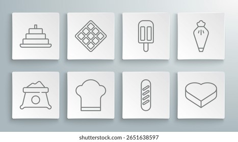 Set line Bag of flour, Waffle, Chef hat, French baguette bread, Candy in heart shaped box, Ice cream, Pastry and Cake with burning candles icon. Vector