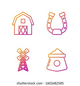 Set line Bag of flour, Windmill, Farm House concept and Horseshoe. Gradient color icons. Vector