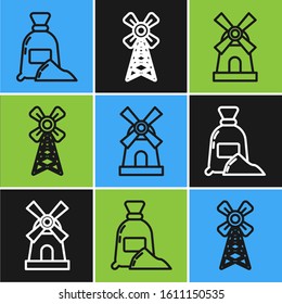 Set line Bag of flour, Windmill and Windmill icon. Vector