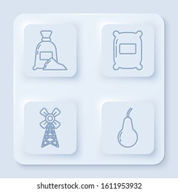 Set line Bag of flour, Bag of flour, Windmill and Pear. White square button. Vector