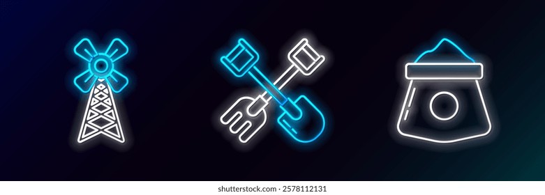 Set line Bag of flour, Windmill and Shovel and rake icon. Glowing neon. Vector