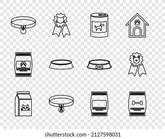 Set line Bag of food for cat, pet, Canned dog, Collar with name tag, Pet bowl, and Dog award symbol icon. Vector