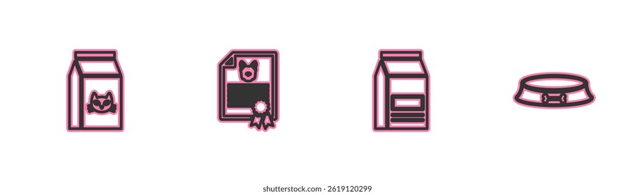 Set line Bag of food for cat, , Certificate dog and Pet bowl icon. Vector