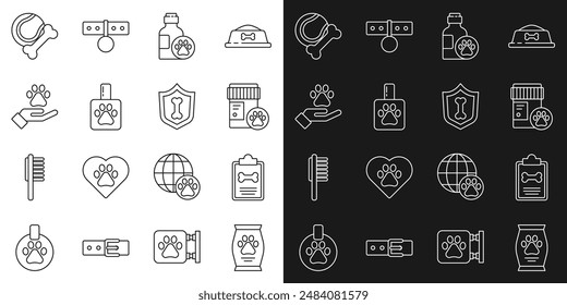 Set line Bag of food, Clinical record pet, Dog medicine bottle, Pet shampoo, Hands with animals footprint, toys bone rubber ball and Animal health insurance icon. Vector