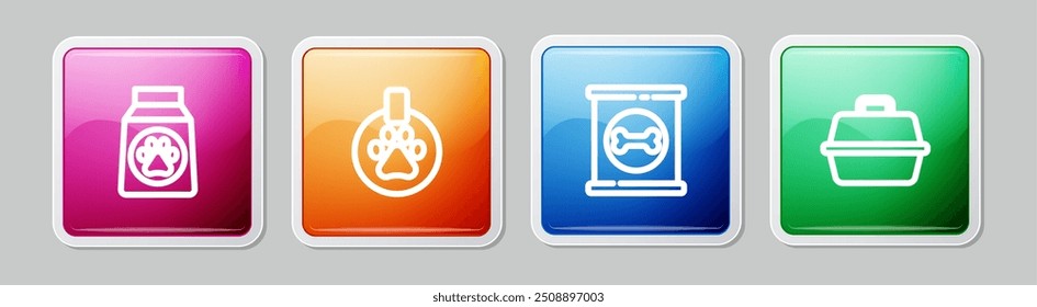 Set line Bag of food, Collar with name tag, Canned and Pet carry case. Colorful square button. Vector