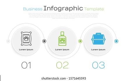 Set line Bag of food for dog, Dog medicine bottle and Pet carry case. Business infographic template. Vector