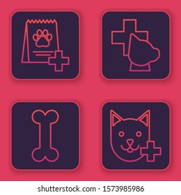 Set line Bag of food for dog, Dog bone, Veterinary clinic symbol and Veterinary clinic symbol. Blue square button. Vector