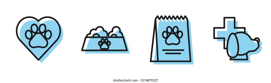 Set line Bag of food for dog, Heart with animals footprint, Pet food bowl for cat or dog and Veterinary clinic symbol icon. Vector