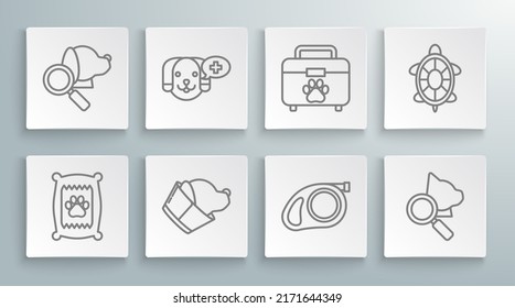 Set line Bag of food for dog, Veterinary clinic symbol, Retractable cord leash with carabiner, Pet first aid kit, Turtle and  icon. Vector