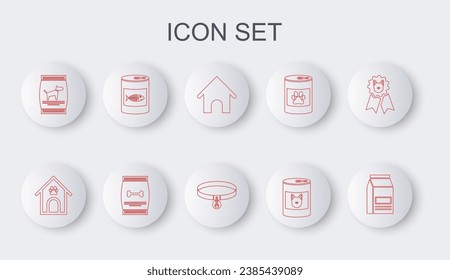 Set line Bag of food, Dog house and paw print pet, Canned for dog, cat,  and Collar with name tag icon. Vector