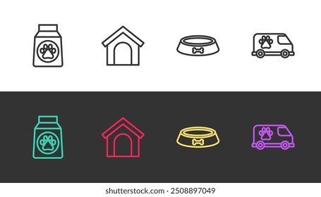 Set line Bag of food, Dog house, Pet bowl and Veterinary ambulance on black and white. Vector