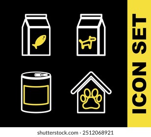 Set line Bag of food for dog, Dog house and paw print pet, Canned and cat icon. Vector