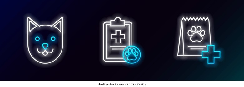 Set line Bag of food for dog, Cat and Clipboard with medical clinical record pet icon. Glowing neon. Vector