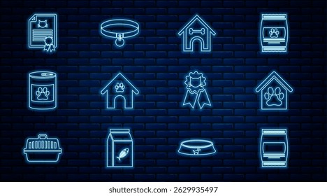 Set line Bag of food, Dog house and paw print pet, bone, Canned, Certificate for dog or cat, Cat award symbol and Collar icon. Vector