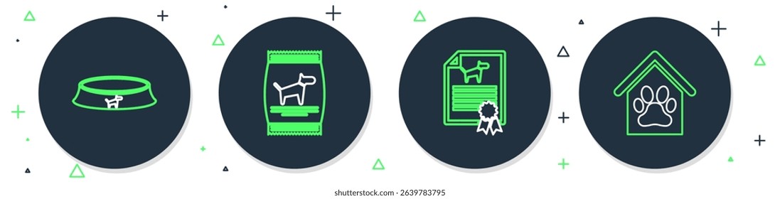 Set line Bag of food for dog, Certificate cat, Pet bowl and Dog house and paw print pet icon. Vector
