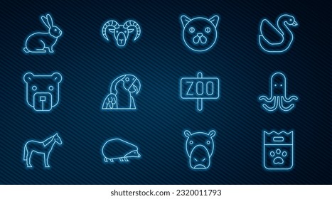 Set line Bag of food, Octopus, Cat, Macaw parrot, Bear head, Rabbit, Zoo park and Head goat or ram icon. Vector