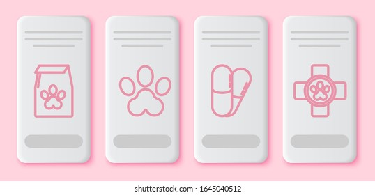 Set line Bag of food for pet, Paw print, Dog and pills and Veterinary clinic symbol. White rectangle button. Vector