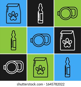 Set line Bag of food for pet, Retractable cord leash and Pets vial medical icon. Vector