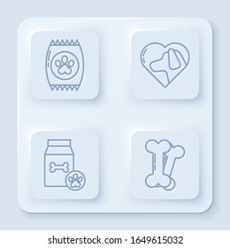 Set line Bag of food for pet, Heart with dog, Bag of food for pet and Dog bone. White square button. Vector