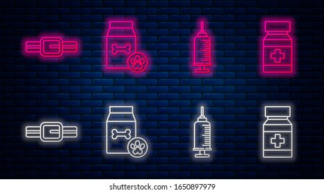 Set line Bag of food for pet, Syringe with pet vaccine, Collar with name tag and Dog medicine bottle and pills. Glowing neon icon on brick wall. Vector