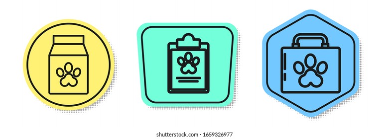 Set line Bag of food for pet, Clipboard with medical clinical record pet and Pet first aid kit. Colored shapes. Vector