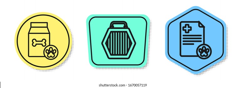 Set line Bag of food for pet, Pet carry case and Clipboard with medical clinical record pet. Colored shapes. Vector