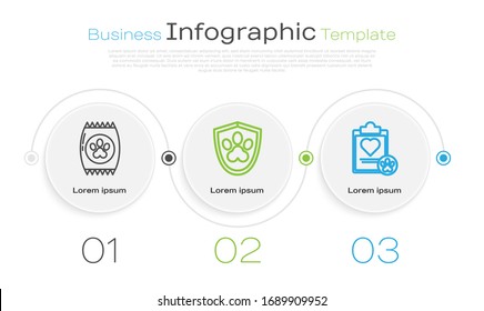 Set line Bag of food for pet, Animal health insurance and Clipboard with medical clinical record pet. Business infographic template. Vector