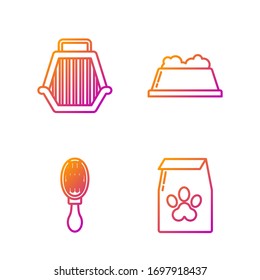 Set line Bag of food for pet, Hair brush for dog and cat, Pet carry case and Pet food bowl. Gradient color icons. Vector