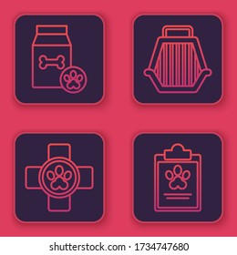 Set line Bag of food for pet, Veterinary clinic symbol, Pet carry case and Clipboard with medical clinical record pet. square button. Vector