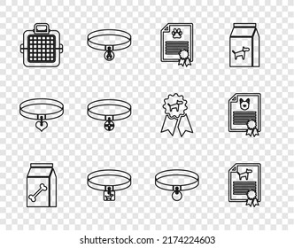 Set line Bag of food for pet, Certificate dog cat, Dog collar, Pet carry case, Collar with name tag,  and  icon. Vector