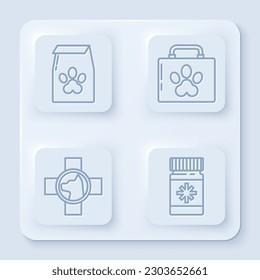 Set line Bag of food for pet, Pet first aid kit, Veterinary clinic symbol and Dog medicine bottle and pills. White square button. Vector