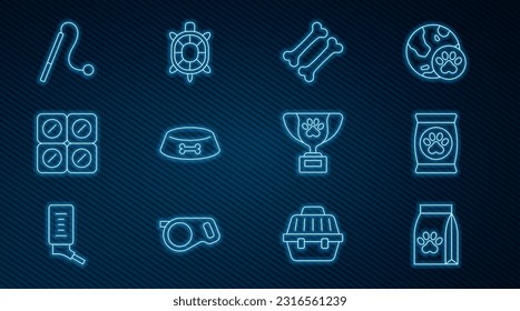 Set line Bag of food for pet, Dog bone, Pet bowl cat dog, pill, toy, award symbol and Turtle icon. Vector