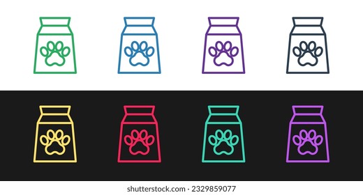 Set line Bag of food for pet icon isolated on black and white background. Food for animals. Dog bone sign. Pet food package.  Vector