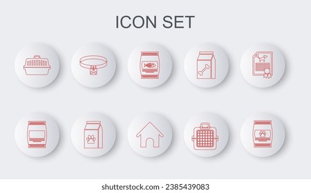 Set line Bag of food for pet, cat, Pet carry case, Dog collar,  and house icon. Vector
