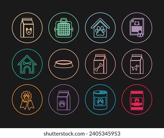 Set line Bag of food for pet, dog, Dog house and paw print, Pet bowl, bone,  and carry case icon. Vector