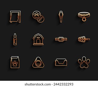 Set line Bolsa de alimentos para mascotas, cama para mascotas, puerta, impresión de pata, casa de perro, bozal y collar con icono de etiqueta de nombre. Vector