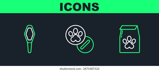 Set line Bag of food for pet, Pets vial medical and Dog and pills icon. Vector