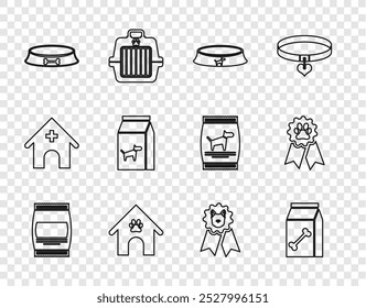 Set línea Bolsa de comida, para mascotas, cuenco para mascotas, casa de perros y huella de pata, perro, símbolo de premio e icono. Vector