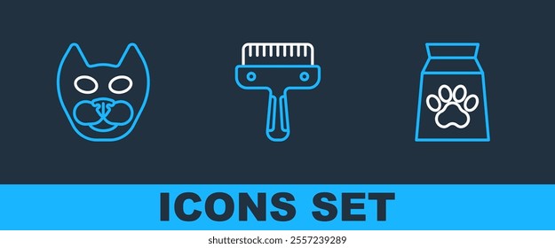 Set line Bag of food for pet, Cat and Hair brush dog and cat icon. Vector