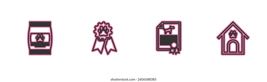Set line Bag of food for pet, Certificate dog cat, Pet award symbol and Dog house and paw print icon. Vector