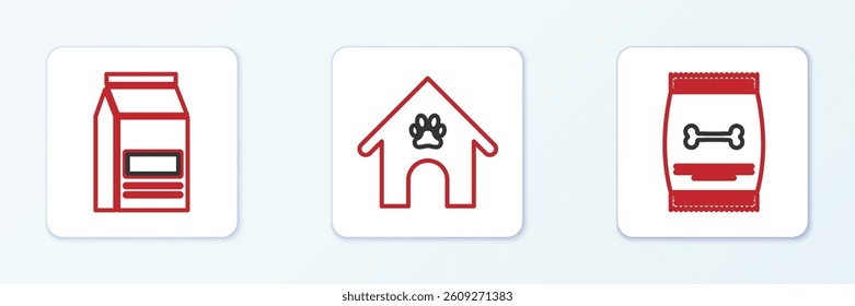 Set line Bag of food for pet,  and Dog house and paw print icon. Vector