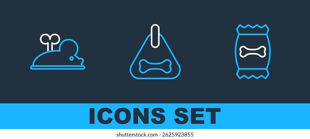 Set line Bag of food for pet, Clockwork mouse and Dog collar icon. Vector