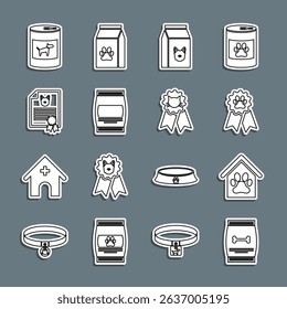 Set line Bag of food for pet, Dog house and paw print, Pet award symbol, dog, Certificate cat, Canned and Cat icon. Vector