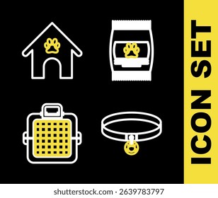 Set line Bag of food for pet, Cat collar, Pet carry case and Dog house and paw print icon. Vector